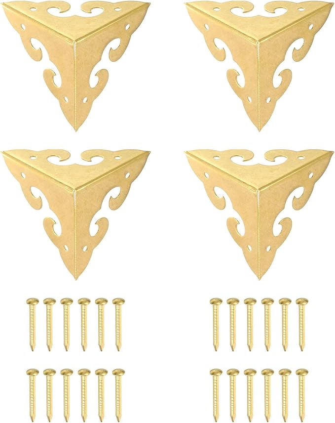 uxcell 4 Pcs Brass Edge Guard, 35mm Decorative Box Corner Cover, Corner Protector, Vintage Stair Dust Corners with Screws, Gold