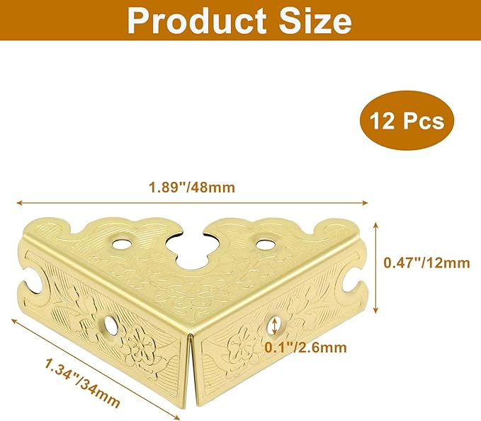Bivethoi 12 Pack 1.34" x 1.34" Decorative Corner Protectors, Retro Style Edge Safety Guards Gold Covers, Vintage Metal Edge Cover for Furniture/Table/Jewelry Box