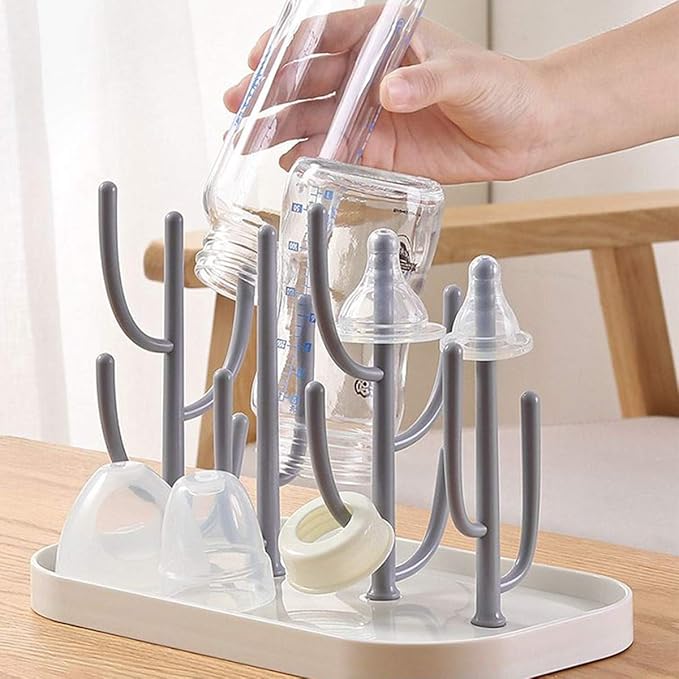 Baby Bottle Drying Rack with Base, Creative Tree Branch Baby Bottle Dryer Holder for Bottles, Teats, Cups, Pump Parts and Accessories (Gray)