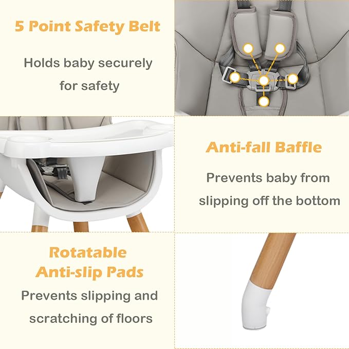 S AFSTAR 5 in 1 Baby High Chair, Convertible High Chairs for Babies and Toddlers, Toddler Chair and Table Set w/ 5-Point Safety Belt, Double Food Trays, PU Cushion, Gray