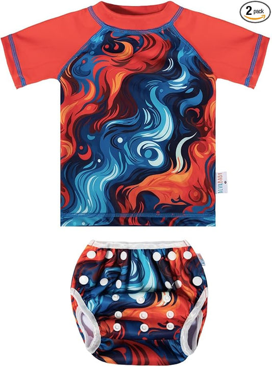 ALVABABY Baby Girl Swimsuit, 2-Piece Infant Toddler Bathing Short Sleeve Swimwear, Large Baby Reusable Swim Diaper with Matching Top