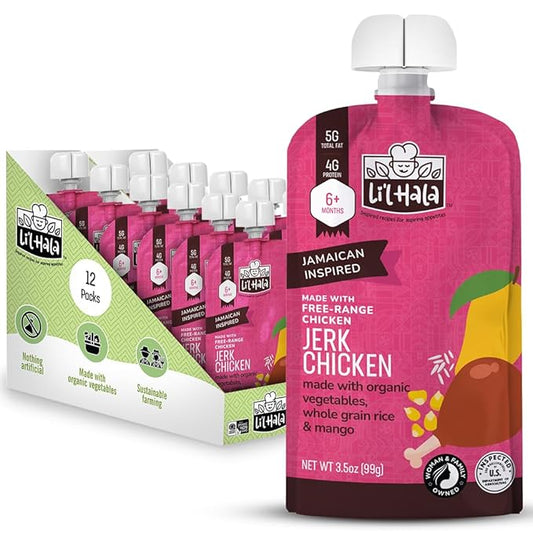 Li'l Hala Chicken Baby Food Meat Pouch | Caribbean Chicken (12ct) | 6+ Months Savory Baby Food Pouches with Protein and Organic Veggies, Toddler Snacks with Iron & Fiber | Stage 2 Meat Puree