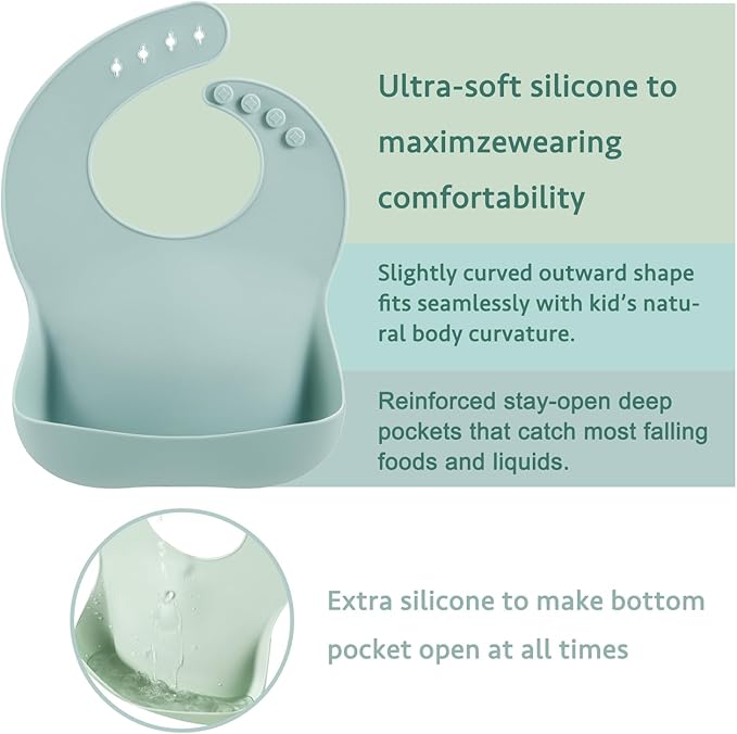 PandaEar 3-Pack Silicone Baby Bibs for Infants & Toddlers - Waterproof Soft Food Catcher Pocket - Easy Wipe & Dishwasher Safe - Adjustable Fit (Lake Green, Blue, Grey)