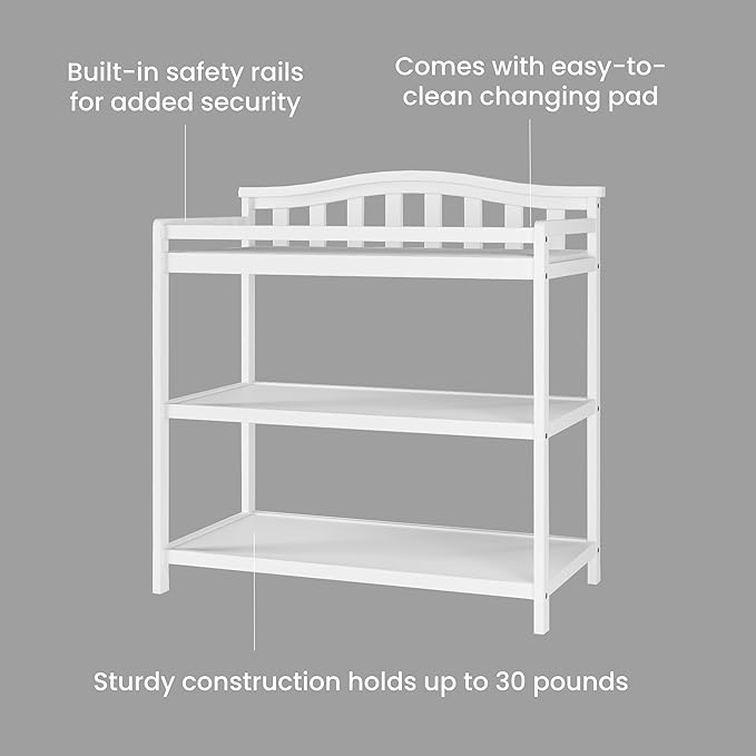 Child Craft Arch Top Infant Changing Table, Water-Resistant Pad and Safety Strap, Anti-Tip Kit Included to Prevent Tipping, Non-Toxic, Baby Safe Finish (Matte White)
