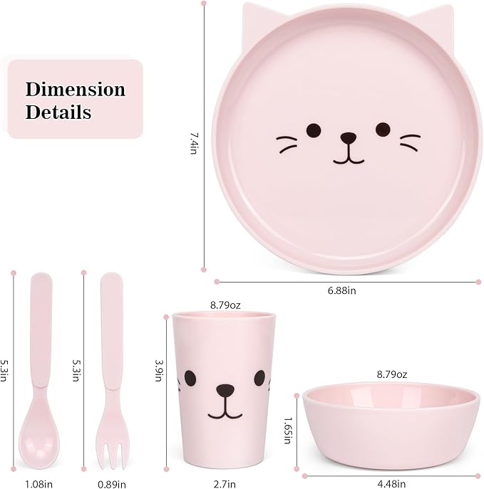 Dinnerware Set for Kids - 5-Piece Kitten-Themed Includes Plate, Bowl, Cup & Utensils | BPA-Free, Microwave & Dishwasher Safe | Ideal Gift for Girls (Pink - Kitten)