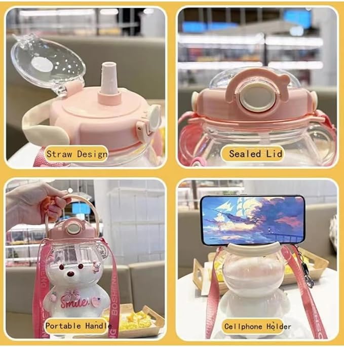 Kawaii Bear Straw Bottle,Leak-Proof Water Bottle with Adjustable & Removable Shoulder Strap for Boy and Girls (Pink)