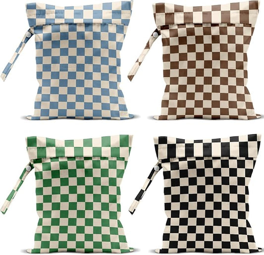 4 Pack Cute Wet Bag Waterproof Washable Reusable Wet Dry Bag for Swimsuit Dirty Clothes Diaper Travel Pool Sport Gym Christmas Birthday Party Camping Toiletries Beach Essentials, Colorful Checkered
