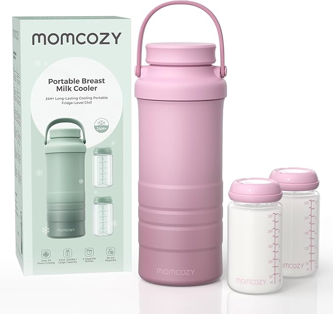Momcozy 22oz Portable Breast Milk Cooler for Outdoor, Life Saver with 360° Total Cooling for 24 Hours, Larger Capacity Travel Breastmilk Chiller with 2pcs Baby Bottles for Breastmilk Storage