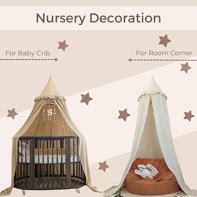 Wonder Space Kids Bed Canopy with Ruffles, Pastel Neutral Color for Boys & Girls, Frilled Cotton Tent Nursery Room Baby Crib Hanging Curtain Mosquito Netting Children Reading Nook Decoration (Khaki)