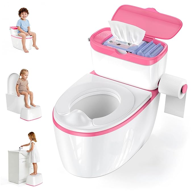 3-in-1 Toddler Potty Training Toilet with Flushing Sound, Wipes Storage & Toilet Paper Holder, Realistic Potty Chair with Detachable Seat and Easy-Clean Design for Boys & Girls Ages 18+ Months (Pink)