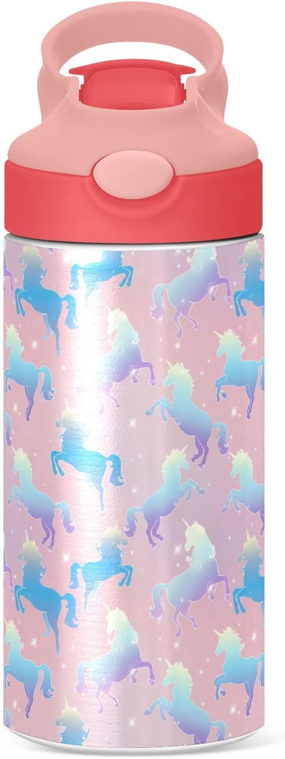 Butterfly Girls Water Bottle with Straw and Carry Handle Rainbow Cute Animals Vacuum Insulated Stainless Steel Bottles Leak-Proof for Boys Kids Toddler 12 oz Pink Lid