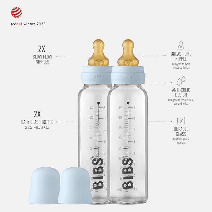 Bibs Baby Glass Bottle | Newborn Anti-Colic Baby Bottles | Borosilicate Glass with a Natural Vented Round Natural Rubber Latex Nipple | Consistent Flow Rate | 7.6 oz/225 ml | 2 Pack | Baby Blue