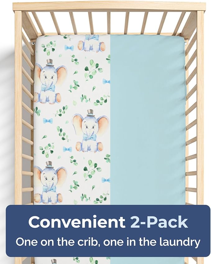 Baby Crib Sheets for Boys & Girls - Pack of 2 Fitted Microfiber Crib Sheets for Standard Crib & Toddler Mattress - Soft, Breathable & Wrinkle Free - Machine Washable, Oeko Tex - 52x28x8in - Elephant
