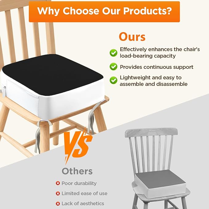 Booster Seat for Kitchen Chair, 3.8" Toddler Booster Seats for Dining Table with Ties, PU Dining Booster Seat with Side Pockets, Non-Slip & Removable Booster Seat for Table Increasing Cushion (Black)