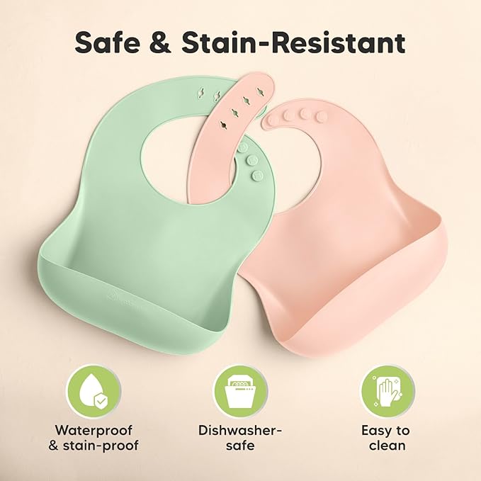 KeaBabies 2-Pack Silicone Bibs for Babies, Toddlers Girl, Boy – Sturdy Food-Grade Baby Bibs for Eating, Large Food Catcher, Clean & Put On Easily, Waterproof Toddler Feeding Essentials (Mellow)