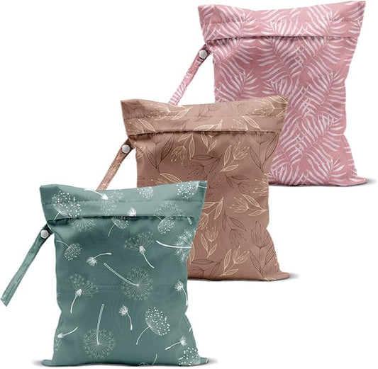 3 PCS Dandelion Travel Laundry Bags 12x10 Inch, Waterproof Washable Reusable Wet Bag with Handle, Wet Dry Bag for Swimsuit Travel Beach Pool Diapers Dirty Yoga Gym Clothes Stroller Toiletries