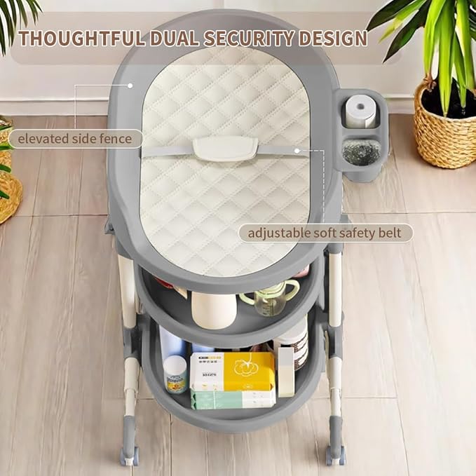 Diaper Changing Station, Portable Changing Table for Baby, Diaper Changing Table with Storage Drawers, Waterproof Baby Changing Station with Wheels and Adjustable Height for Newborn Infant (Grey)