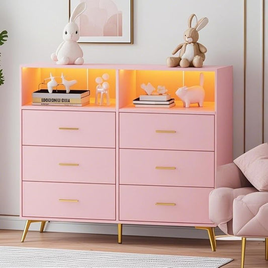 Baby Changing Table Dresser with 6 Drawers, Baby Nursery Dresser, LED Lights & Charging Station – Multifunctional Nursery Dresser with Removable Changing Top, Anti-Tip Design, Pink