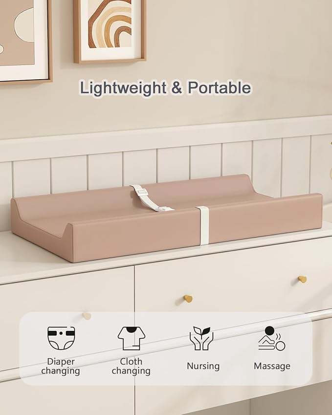 YACODAVO Wipeable Baby Changing Pad for Dresser and Table, Cozy Diaper Changing Pad with Waterproof & Wipe-Clean Leather Cover, Light Brown