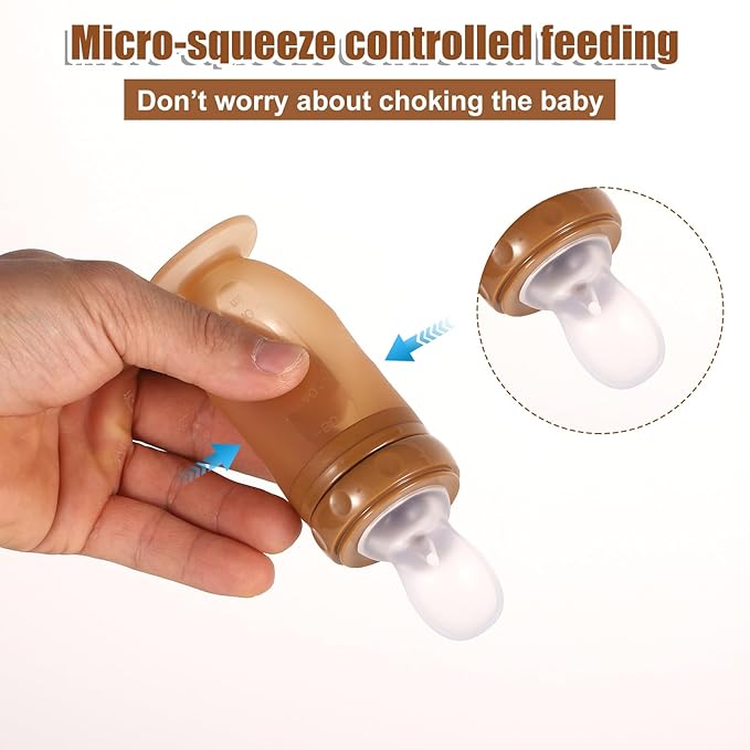 Baby Food Bottle, 3-in-1 Silicone Food Dispensing Squeeze Feeder Multifunctional Baby Milk Bottle Weaning Bottles with Dispensing Spoon, Regular Nipple and Fruit Puree Feeding Nipple