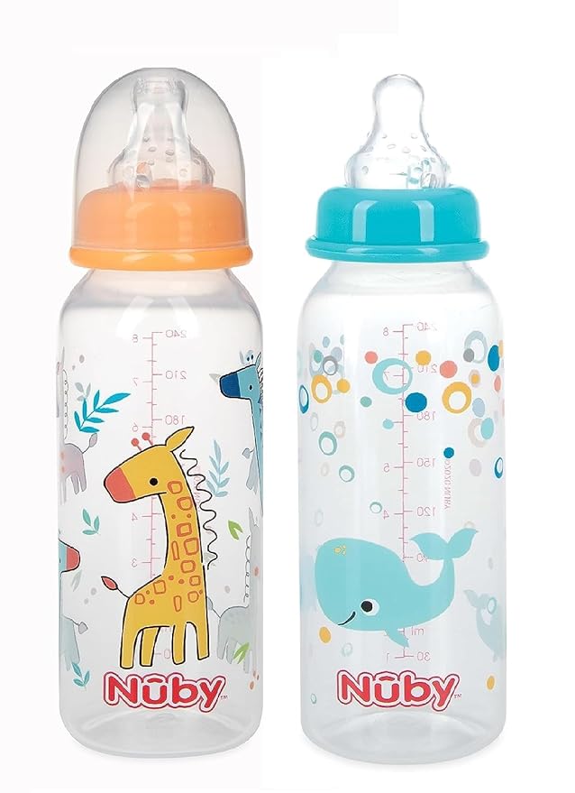 Nuby Printed Non Drip Standard Bottle, Colors May Vary, 2 Count