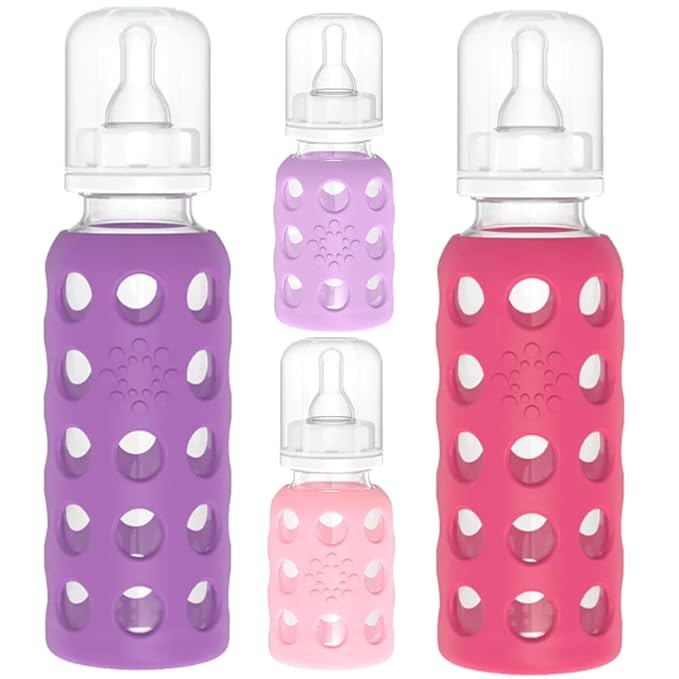 Lifefactory Glass Baby Bottle BPA Free | Protective Silicone Sleeve| 4 oz & 9 oz Pack of 4 | Pink, Raspberry, Lavender, Grape