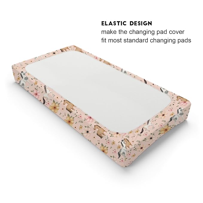 Watercolor Horse Boho Floral Changing Pad Cover Cute Horses Baby Diaper Change Table Pad Cover for Boys Girls Soft Breathable Stretch Snug Fitted Diaper Changing Mat Sheets Covers 32''x16'' Pink