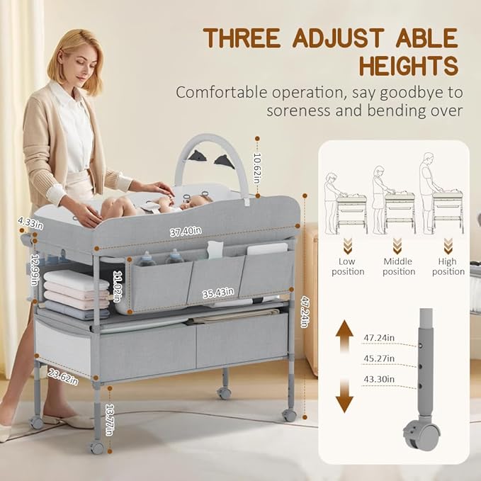 Diaper Changing Station, Portable Changing Table for Baby, Diaper Changing Table with Storage Drawers, Waterproof Baby Changing Station with Wheels and Adjustable Height for Newborn Infant (Grey)