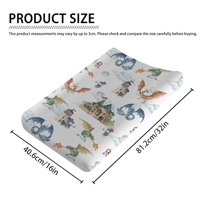 Fairytale Dragons Castle Changing Pad Cover Watercolor Dragon Princess Knight Moon Clouds Baby Nursery Diaper Change Pad Sheets for Boy Girl Soft Stretchy Fitted Changing Table Sheets Mats 32''x16''
