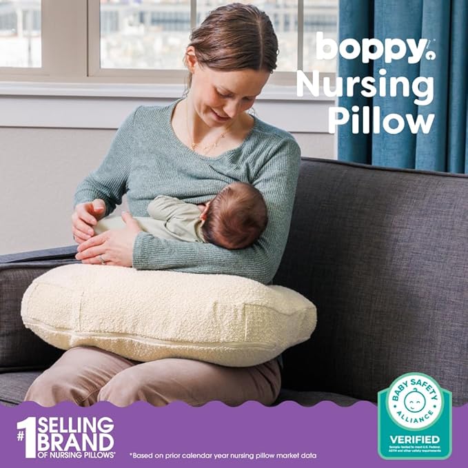 Boppy Nursing Pillow - Ergonomic Bottle & Breastfeeding Pillow with High, Firm, Large Area, Water-Repellent Cushion with Washable Cover; Baby Safety Alliance Verified - Oatmeal Boucle