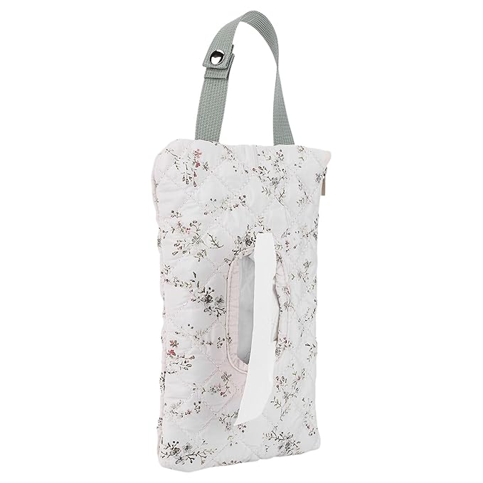 Quilted Baby Wipe Holder, Canvas Floral Quilted Pouch with Hanging Strap, Portable Diaper Wipe Holder for Travel Stroller-Green Leaves
