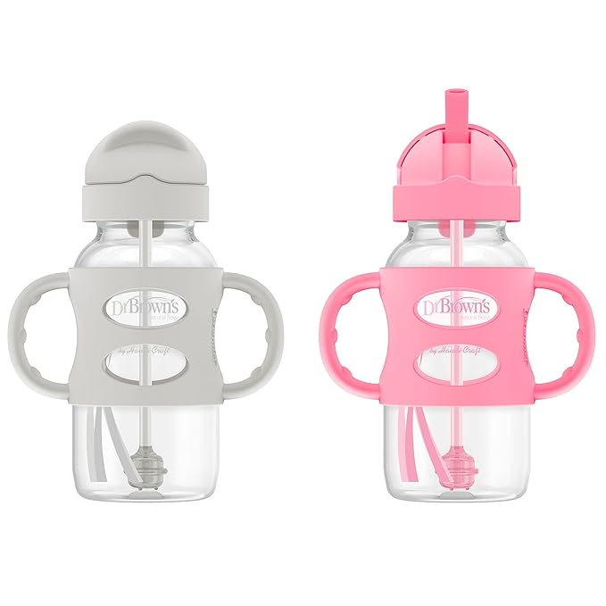 Dr. Brown's Milestones Wide-Neck Sippy Straw Bottle with 100% Silicone Handles and Weighted Straw & Dr. Brown’s Milestones Baby’s First Straw Cup, Training Cup with Weighted Straw, Coral, 6m+
