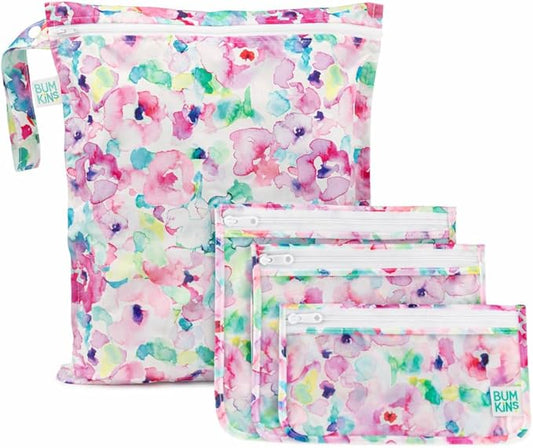 Bumkins - Waterproof Wet Bag & Clear Travel Bags - For Beach, Baby, Travel, Swim Suit, Cloth Diapers, Pump Parts, Pool, Gym, Toiletries - Reusable & Easy to Clean - Watercolor - 4 Pack