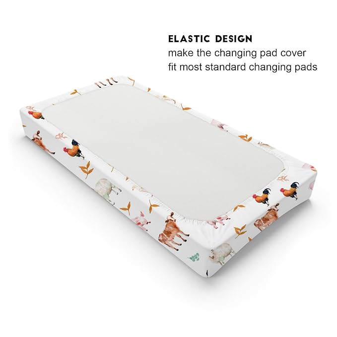 Watercolor Farm Animals Changing Pad Cover Cow Lamb Chicken Pig Hen Duck Sunflowers Leaves Diaper Change Table Cover Sheets for Boys Girls Soft Stretchy Fitted Changing Mat Sheets