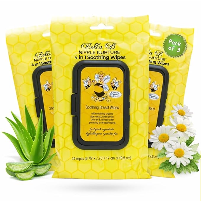 BELLA B Nipple Nurture Breast Pump Wipes Quick Clean | 3 Packs Hypoallergenic & Paraben Free Soothing Wipes for Breast Pump Parts & Pacifiers | Made with Organic Aloe Vera & Chamomile |Travel-Friendly