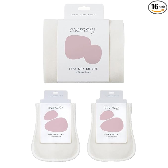 Esembly Stay-Dry and Nighttime Essentials Bundle | Stay-Dry Fleece Diaper Liners (12-Pack) and Overnighters (4-Pack)