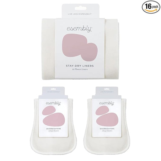 Esembly Stay-Dry and Nighttime Essentials Bundle | Stay-Dry Fleece Diaper Liners (12-Pack) and Overnighters (4-Pack)