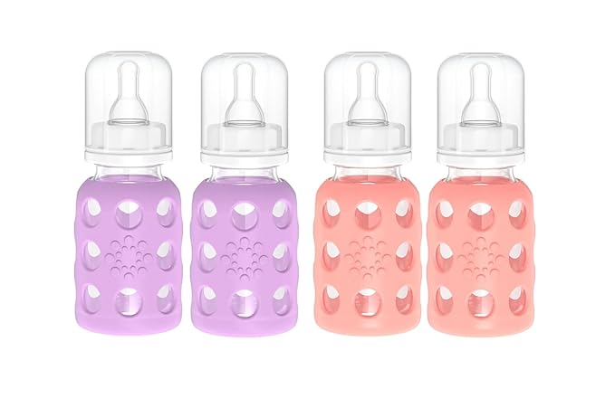 Lifefactory Glass Baby Bottle BPA Free | Protective Silicone Sleeve | 4 oz Pack of 4 | Lavender, Cantaloupe