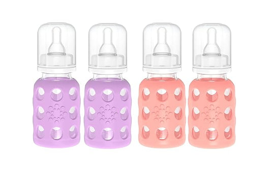Lifefactory Glass Baby Bottle BPA Free | Protective Silicone Sleeve | 4 oz Pack of 4 | Lavender, Cantaloupe