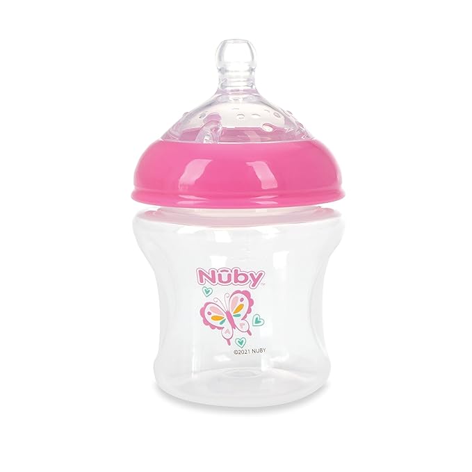 Nuby 3-Pack Infant Feeding Bottles with Slow Flow Breast Size Silicone Nipple: 0+ Months, 6oz, 3 Pack Set: Delicate Star, Rainbow, Butterfly Prints