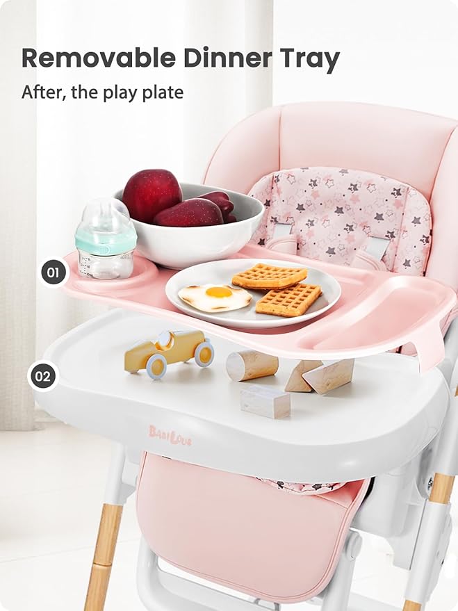 Babilous Foldable High Chair with Soft Cushion, High Chairs for Babies and Toddlers, Height Adjustable Feeding Chair, Adjustable Backrest and Footrest, Lockable Wheels, Woodgrain Star Pink