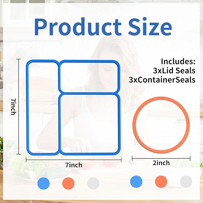 6 PCS (3 Sets) Replacement Gaskets Compatible with OmieBox Redesigned Model - Food-Grade Silicone Lid Seals and Thermos O-Rings Set - Leak-Proof BPA-Free Bento Box Accessories (Blue Orange White)