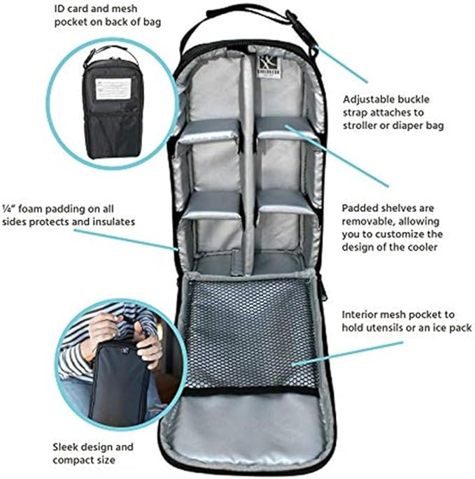 J.L. Childress Pack 'N Protect for Baby Bottles - Insulated Breast Milk Cooler Travel Bag for Moms, Portable Storage for Glass Baby Bottles & Food Containers, For Daycare or On the Go - Black