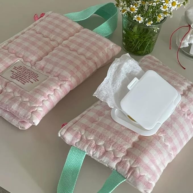 HIBEAR Quilted Diaper Wipe Pouch Portable Mommy Bag Refillable Floral Baby Wipe Holder for Travel Stroller Daily Casual (Plaid A)