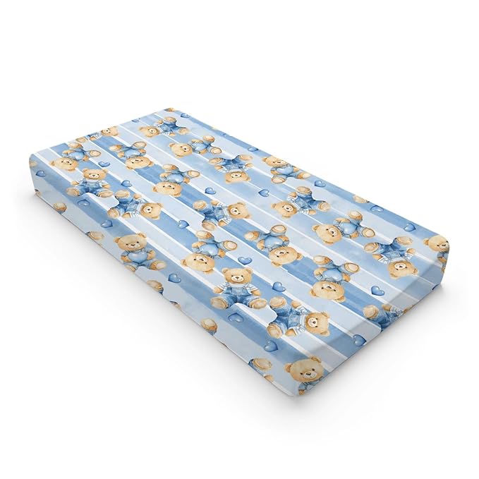 Cute Cartoon Bear Heart Stripes Baby Changing Pad Cover, Unisex Bear Nursery Diaper Changing Table Pad Mat Sheet for Boys Girls-16x32
