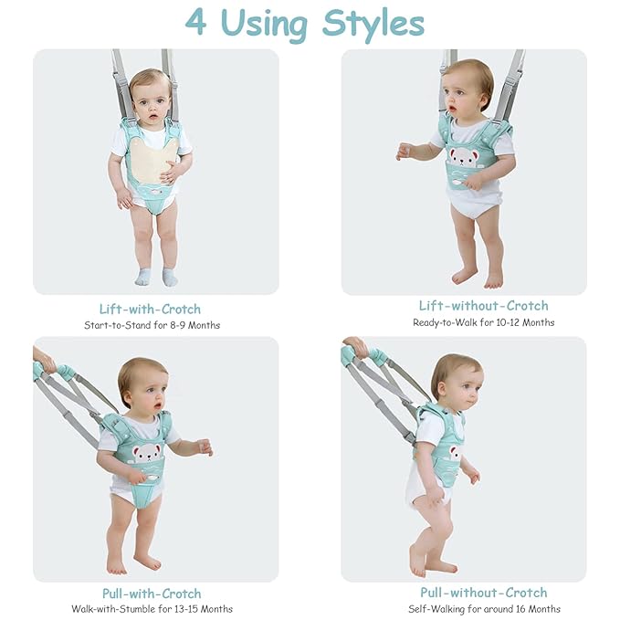 Baby Walking Harness Handheld Baby Walker Assistant Belt Adjustable Toddler Infant Walker Harnesses Standing and Walking Learning Helper with Detachable Crotch for 9-24 Month (Green)