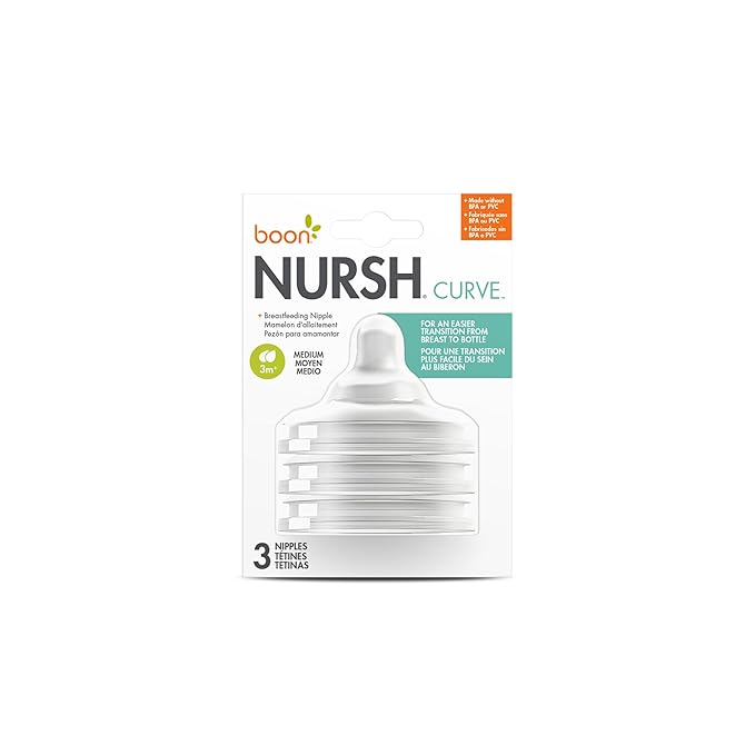 Boon Nursh Curve Silicone Baby Bottle Nipples - Food-Grade Silicone Bottle Nipples – Medium Flow Nipples for Baby Bottles - Baby Bottle-Feeding Supplies - 3 Count