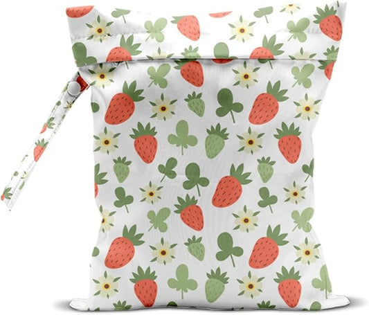 Wet Bag, Wet Dry Bag, Waterproof Swim Bags, Machine Washable Reusable Bags for Beach, Pool, Diapers, and Dirty Yoga Gym Clothes(Green Ditsy Strawberry Print