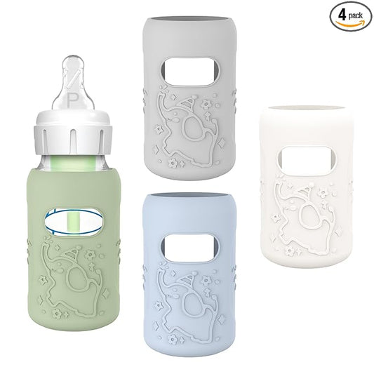 KingKam 4 Pack Silicone Sleeves for Dr. Brown's Glass Baby Bottles, Anti Breakage Baby Bottle Sleeves Holder, Compatible with Dr. Brown's Anti-Colic Options+ Narrow Glass Baby Bottles, 4 oz/120 mL