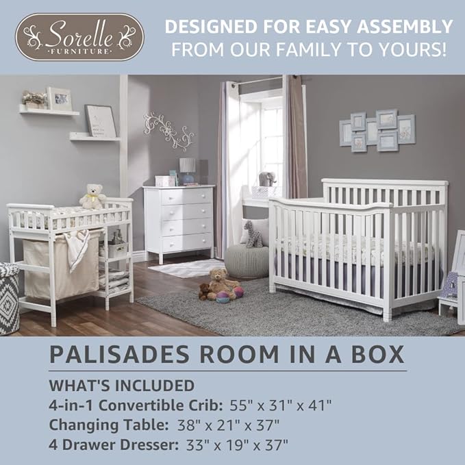Sorelle Palisades 3-Piece Nursery Set - 4-in-1 Convertible Crib, 4-Drawer Dresser, Changing Table with Hamper - Espresso Wood Finish